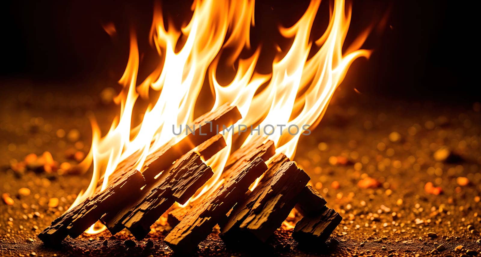 The image shows a bonfire with flames rising from the wood, creating a warm and cozy atmosphere.