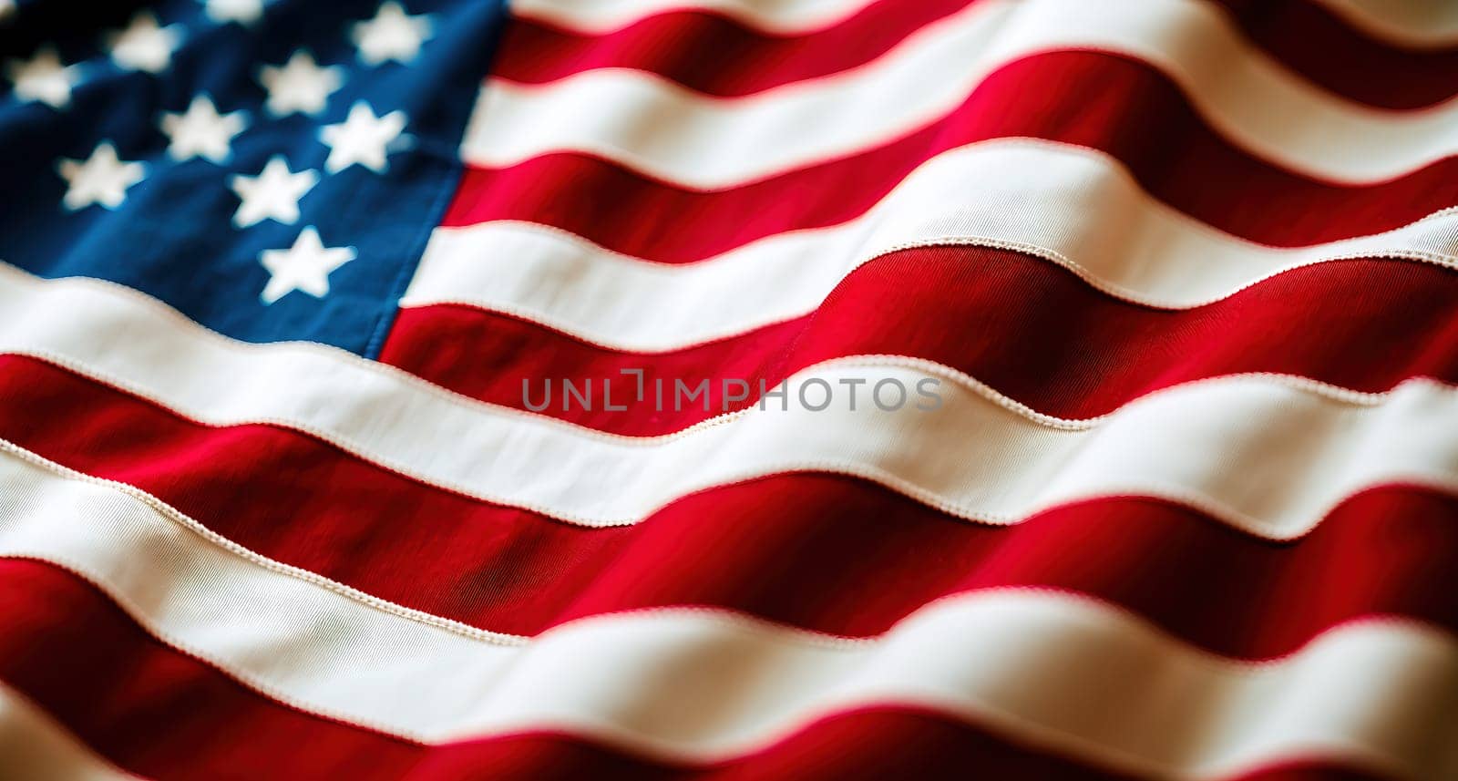 The image is a flag of the United States, with the American flag waving in the background.