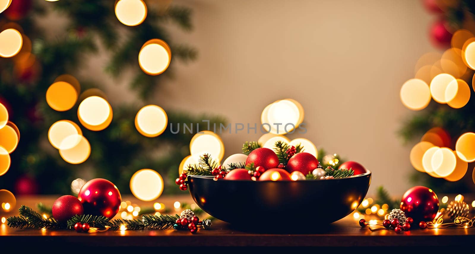 The image shows a black bowl filled with red and green ornaments on a wooden table in front of a Christmas tree with lights and decorations.