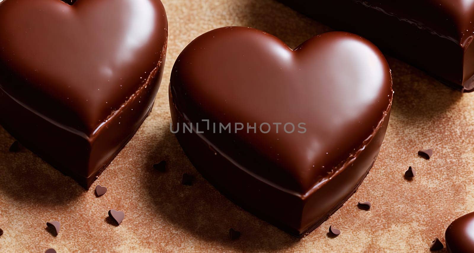 The image shows three chocolate hearts on a brown background.