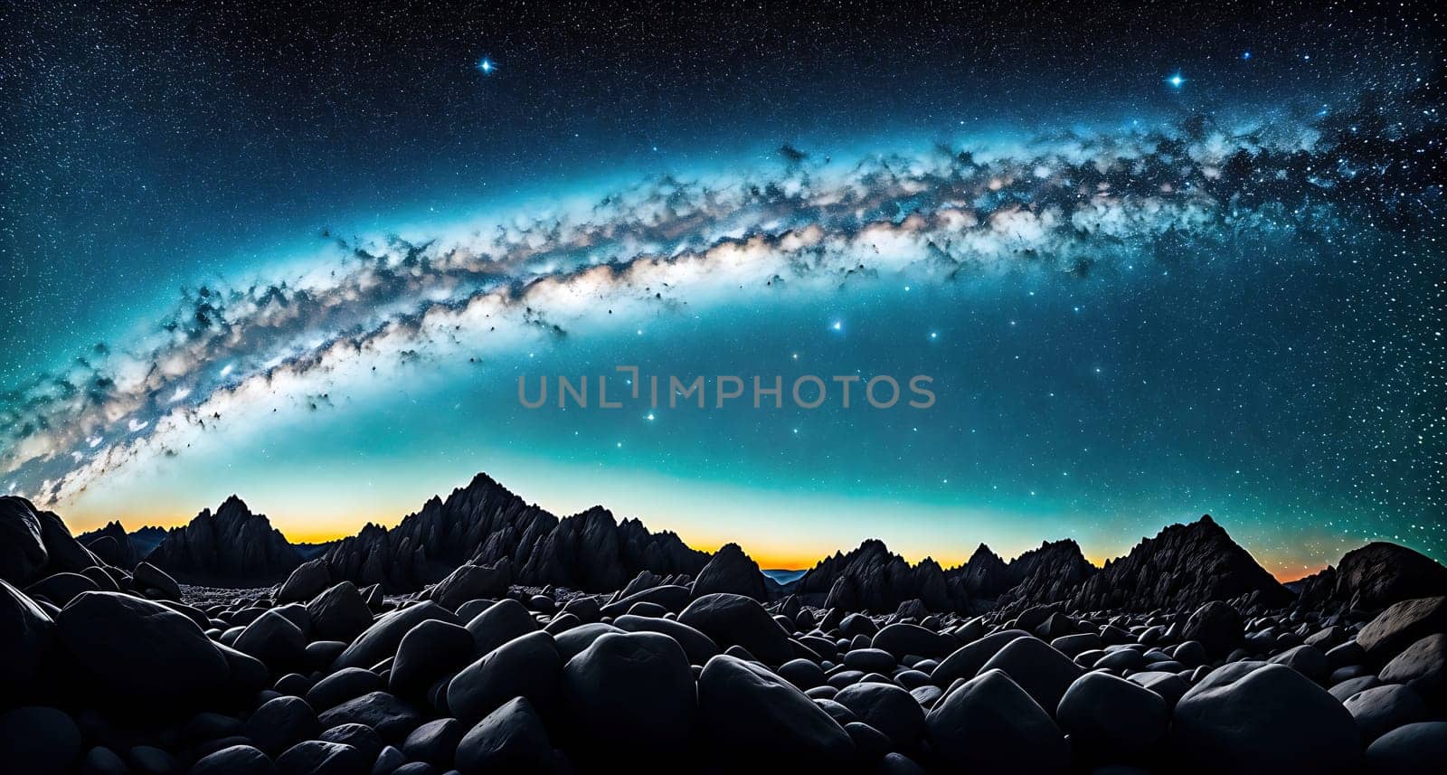 The image depicts a vast, starry night sky with mountains in the background.