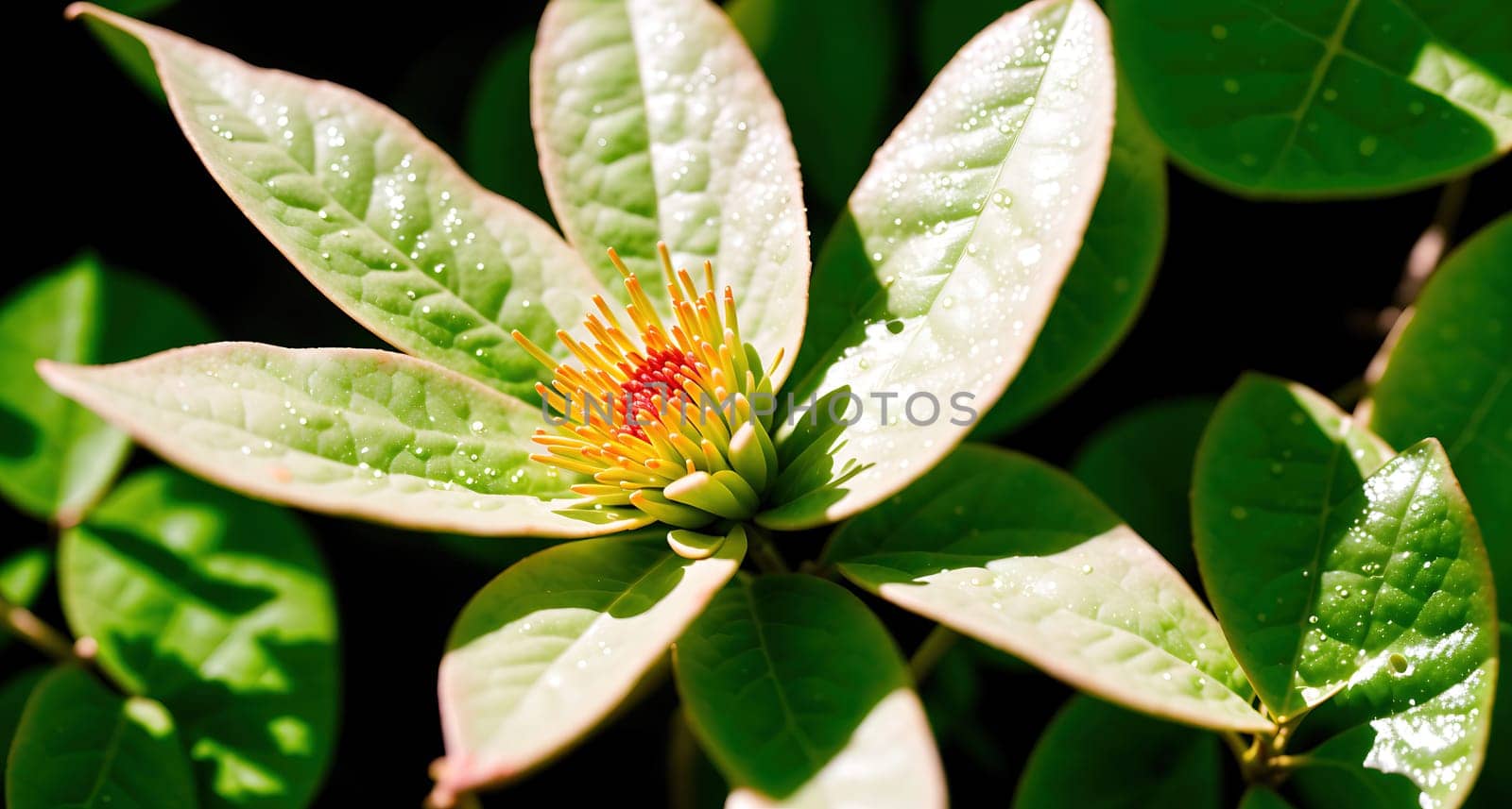 The image shows a green flower with yellow petals and leaves on a tree branch.