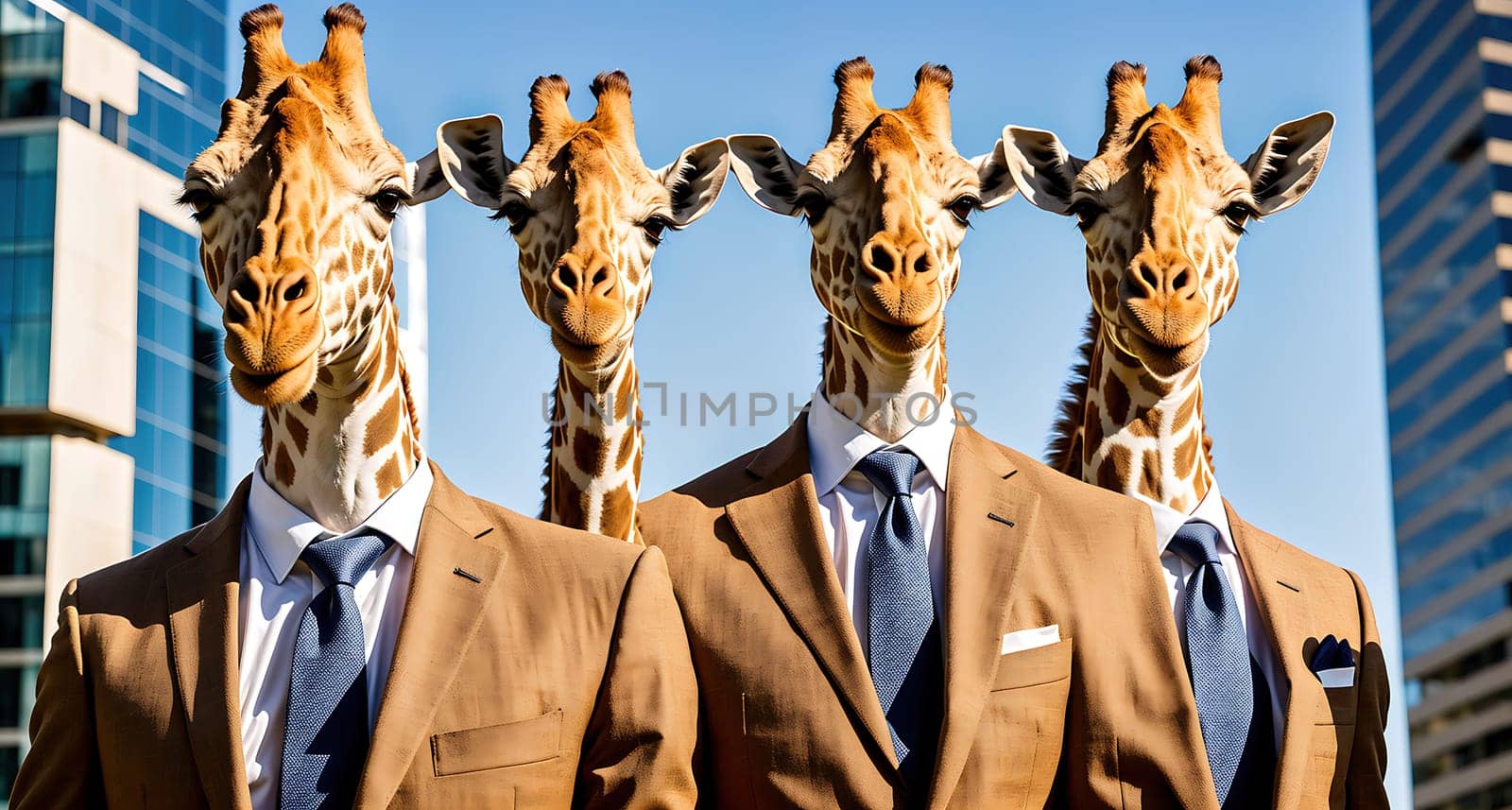 The image shows a group of giraffes wearing suits and ties standing in front of a city skyline.