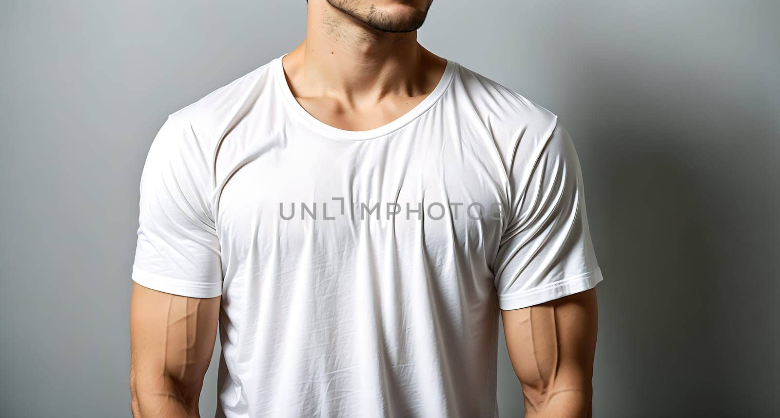 The image shows a man wearing a white t-shirt standing in front of a gray background.