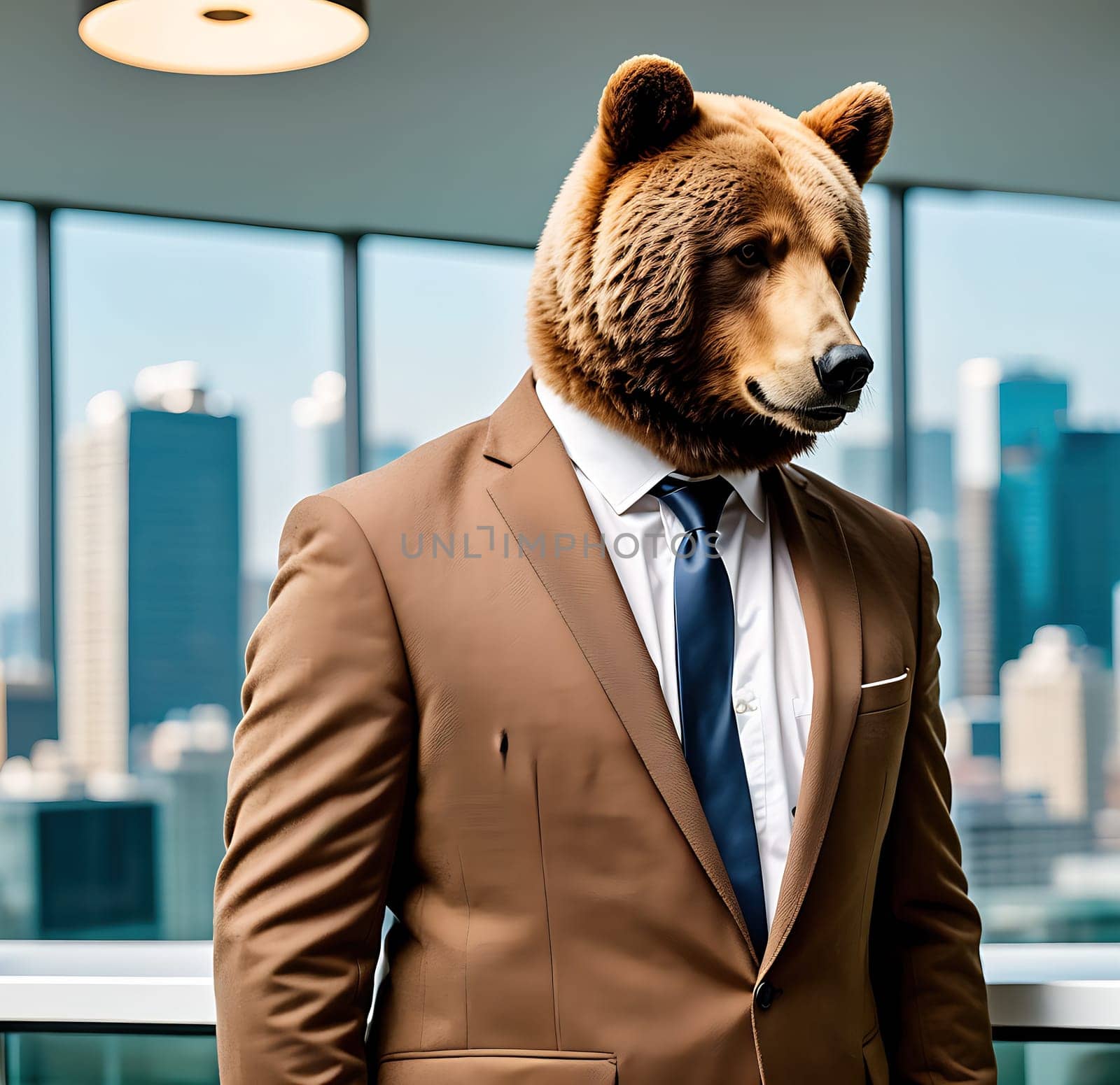 The image shows a brown bear wearing a suit and tie standing in front of a window overlooking a city skyline.