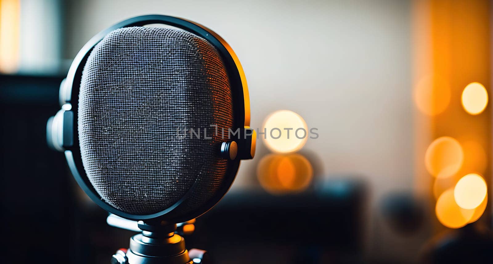 The image shows a microphone with a silver grill and a black body, sitting on a table in front of a blurred background.