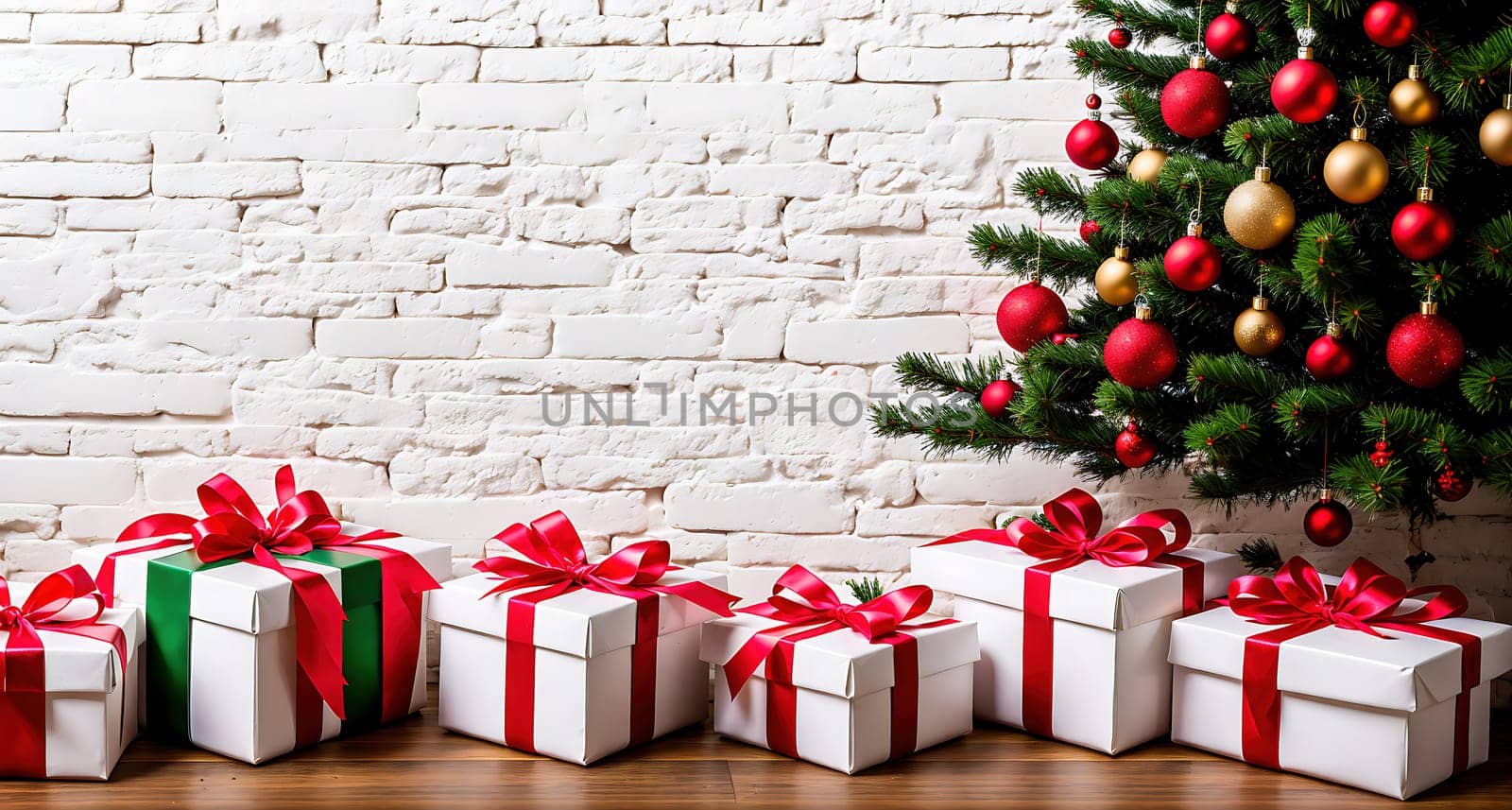 The image shows a room with a brick wall, a Christmas tree in the corner, and several presents under the tree.