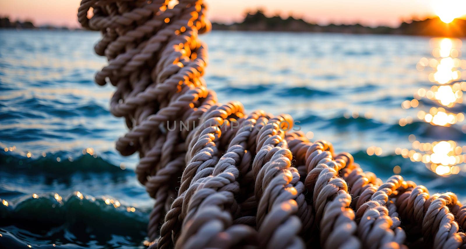 The image shows a rope hanging over the water at sunset, with the suns rays reflecting off the waves and creating a beautiful, golden glow.
