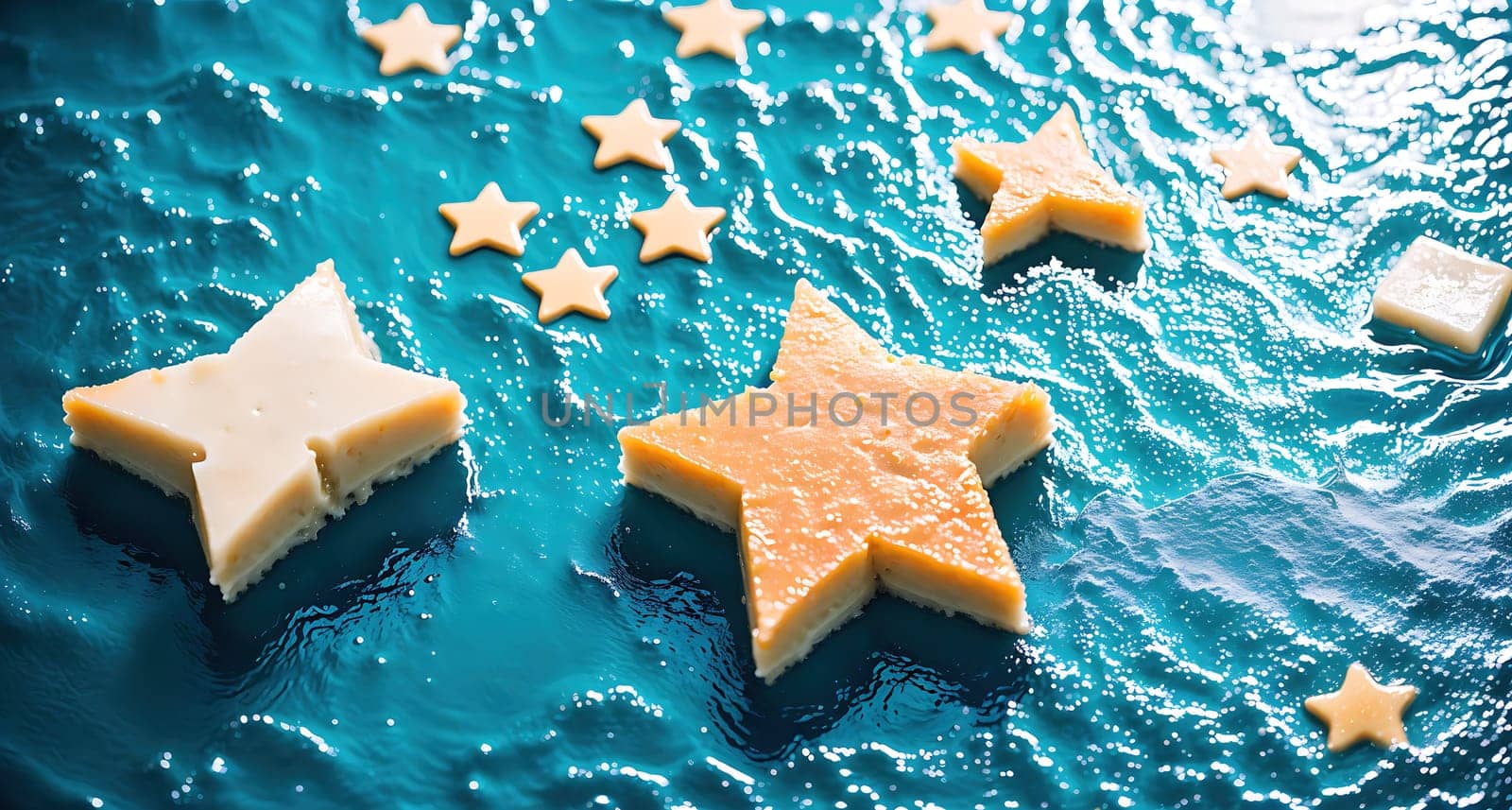 The image shows a group of white stars floating in the water.