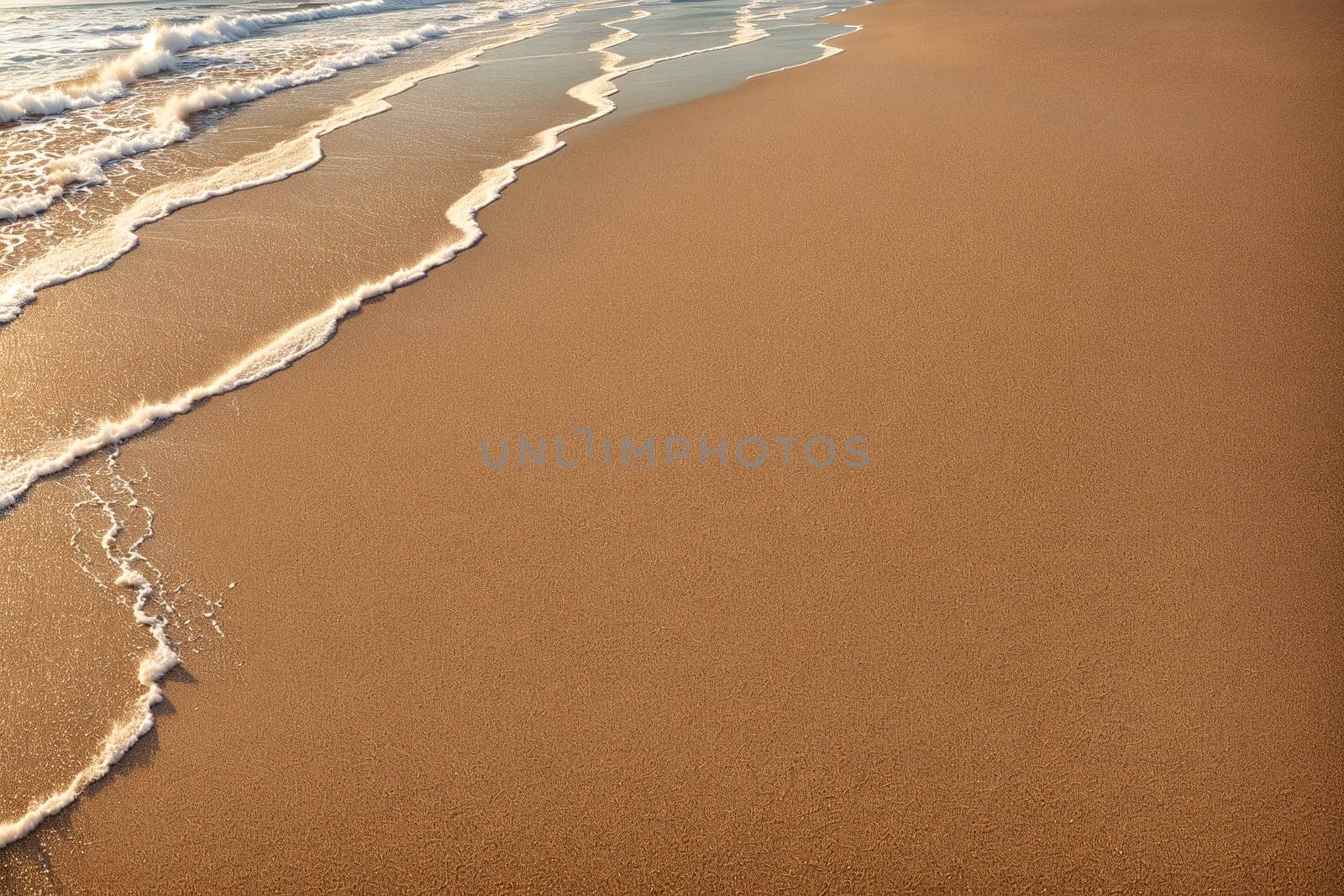 A sandy beach with waves crashing against the shore. by creart