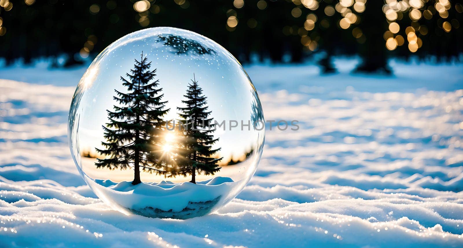 The image shows a clear glass ball with a winter scene inside, including a snowy landscape, trees, and the sun shining through the ball.