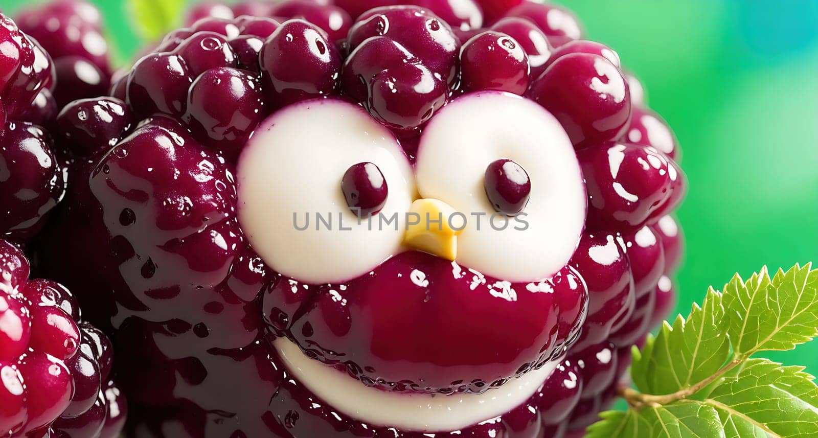 The image shows a group of ripe raspberries with a smiling face on one of them.
