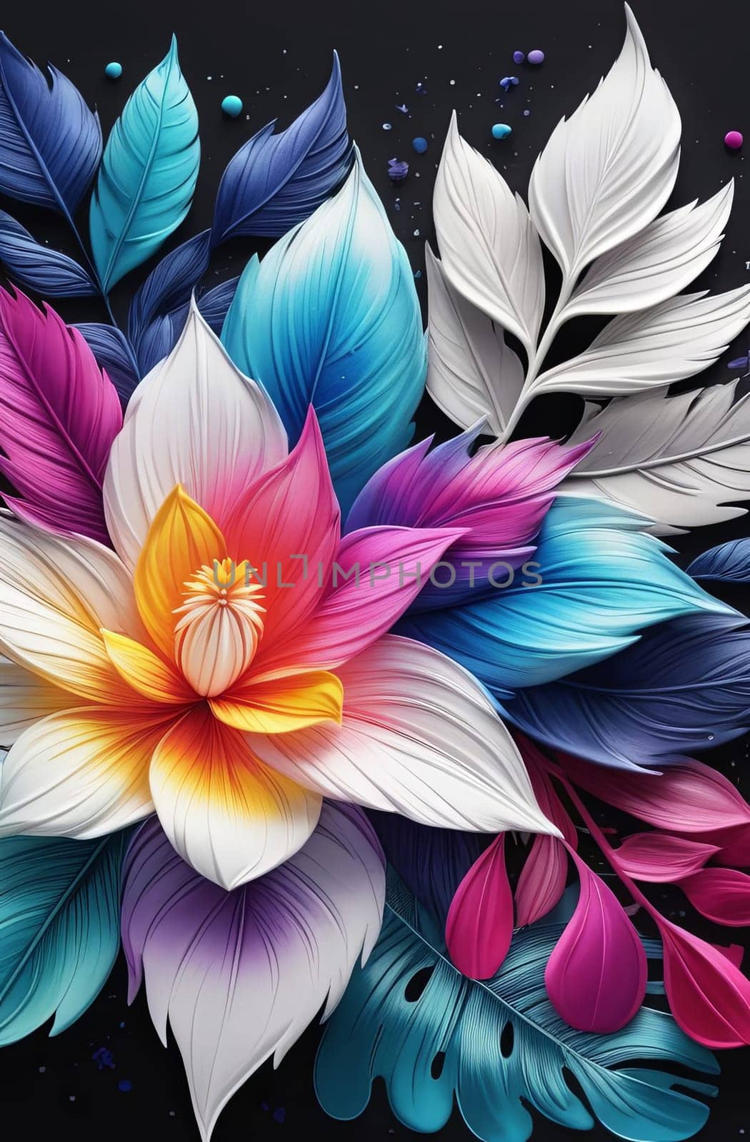 Vibrant flower painting set against dark backdrop. Bright colors of flowers pop out, creating visually appealing, captivating piece of artwork. For art, creative projects, fashion, style, magazines
