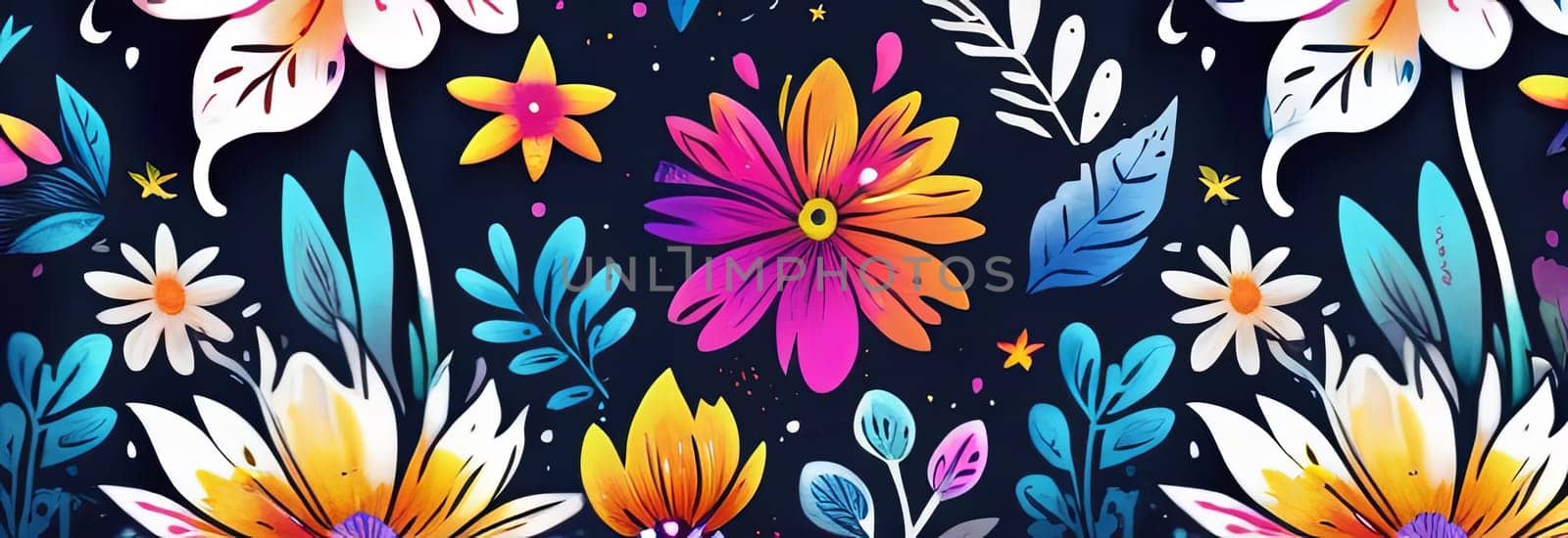 Vibrant flower painting set against dark backdrop. Bright colors of flowers pop out, creating visually appealing, captivating piece of artwork. For art, creative projects, fashion, style, magazines