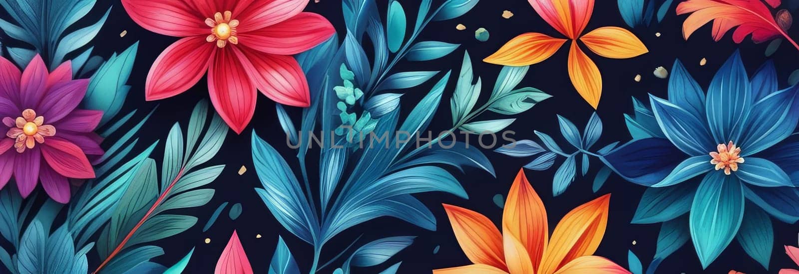 Image features striking contrast between vivid colors of flowers, dark backdrop, creating visually appealing, dramatic composition. For interior design, textiles, clothing, gift wrapping, web design. by Angelsmoon