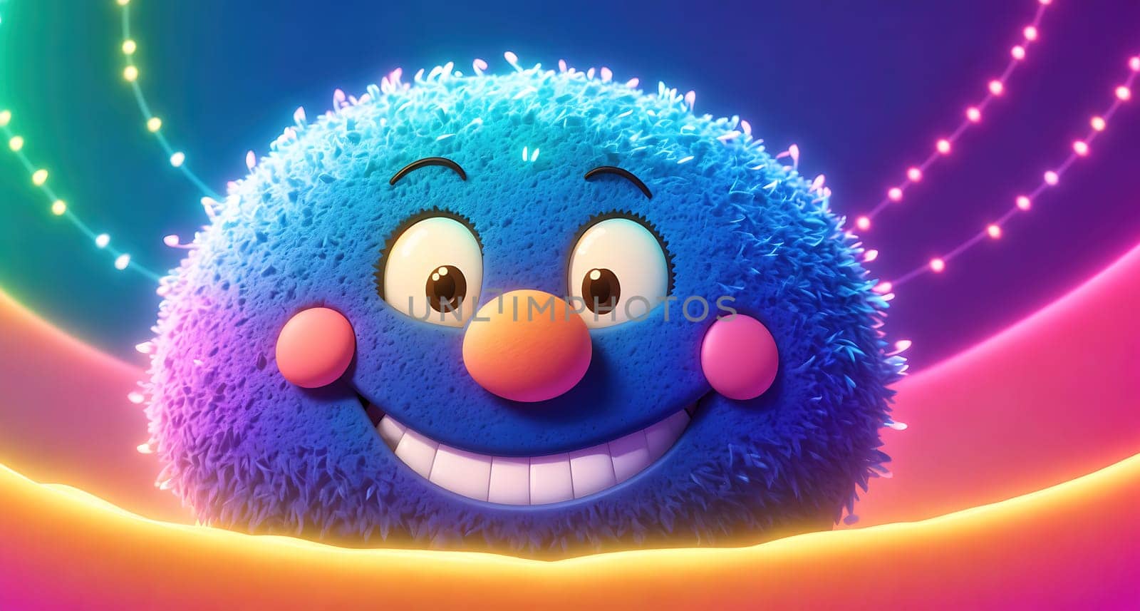 The image is a cartoon character with a smiling face and a round body, standing in front of a colorful background.