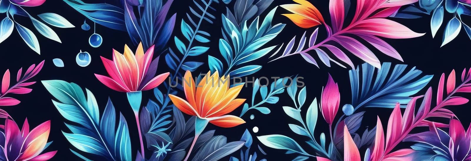 Bright colors of flowers pop out against black background, enhancing their beauty, making them focal point of image. For interior design, decoration, advertising, web design, as illustration for book. by Angelsmoon