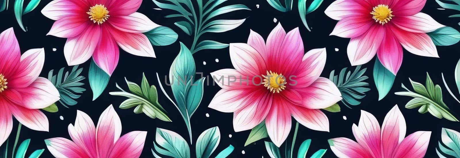 Vibrant, intricate floral design set against dark background, creating visually appealing contrast between colorful flowers, dark backdrop. For website design, advertising, greeting cards, magazines. by Angelsmoon