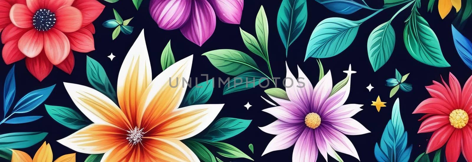 Vibrant flower painting set against dark backdrop. Bright colors of flowers pop out, creating visually appealing, captivating piece of artwork. For art, creative projects, fashion, style, magazines