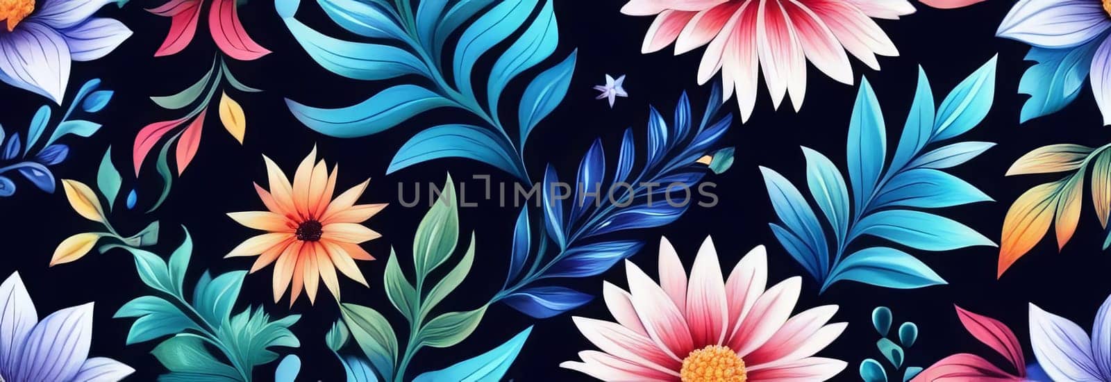 Contrast between bright flowers, dark background gives image special atmosphere, appeal, highlighting its beauty wonder. For home interior, bedroom, living room, childrens room to add bright colors