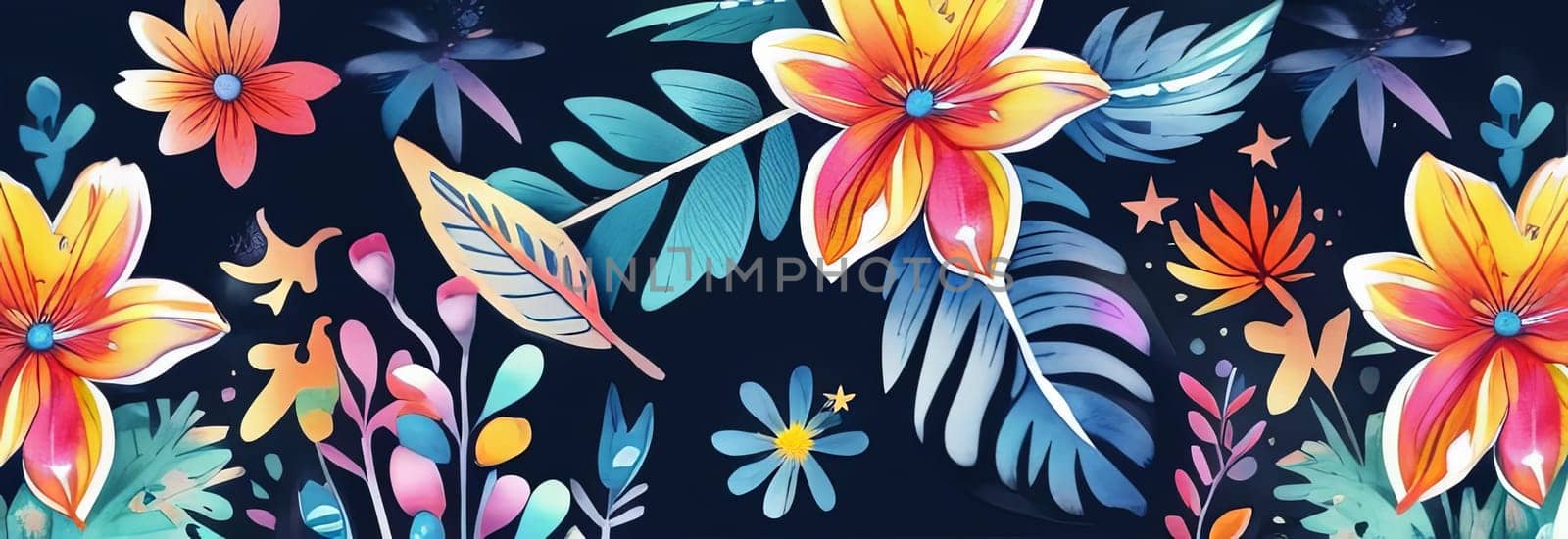 Image features striking contrast between vivid colors of flowers, dark backdrop, creating visually appealing, dramatic composition. For interior design, textiles, clothing, gift wrapping, web design