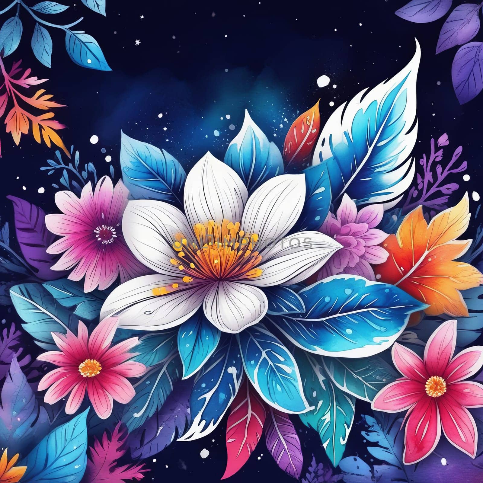 Vibrant flower painting set against dark backdrop. Bright colors of flowers pop out, creating visually appealing, captivating piece of artwork. For art, creative projects, fashion, style, magazines. by Angelsmoon