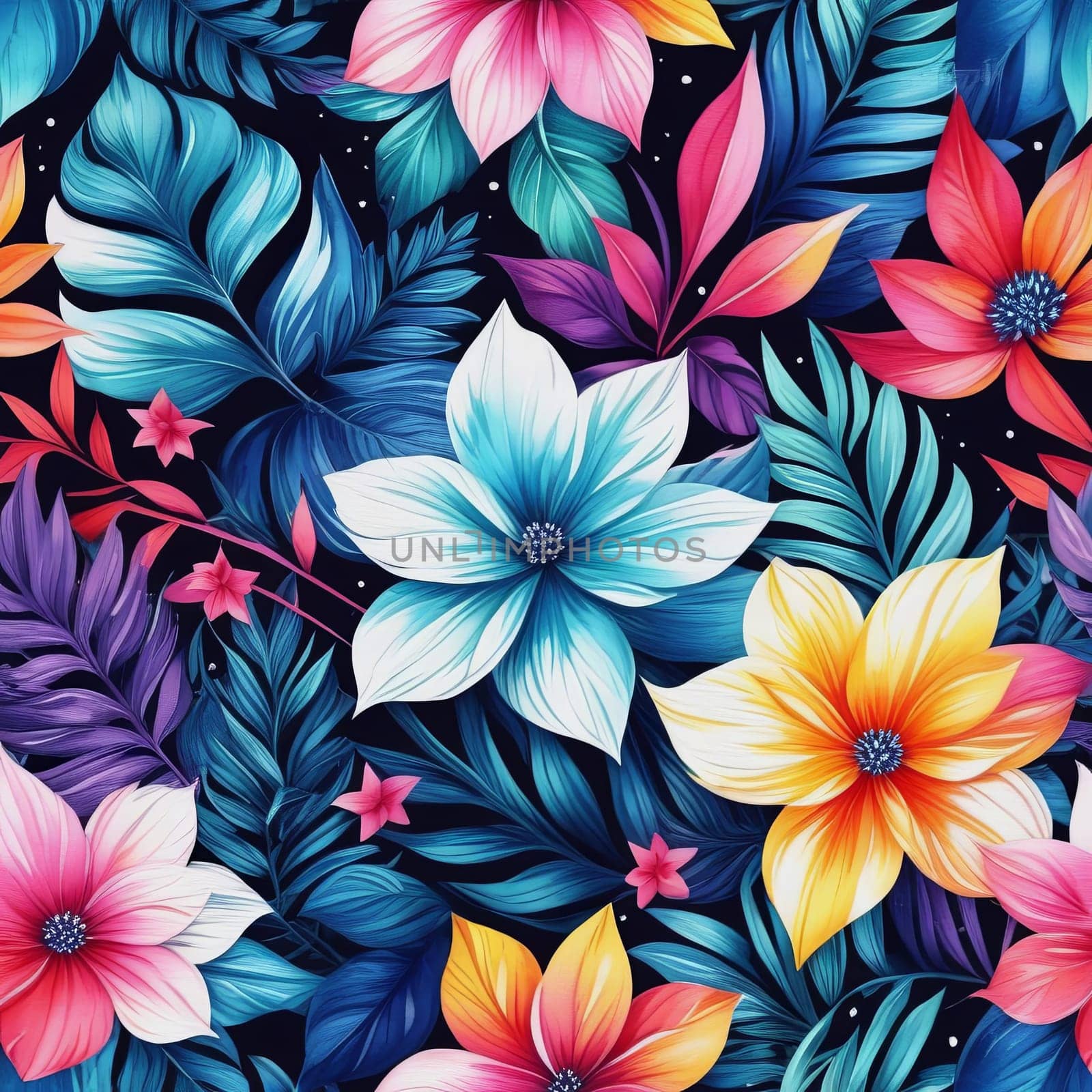 Bright colors of flowers pop out against black background, enhancing their beauty, making them focal point of image. For interior design, decoration, advertising, web design, as illustration for book. by Angelsmoon