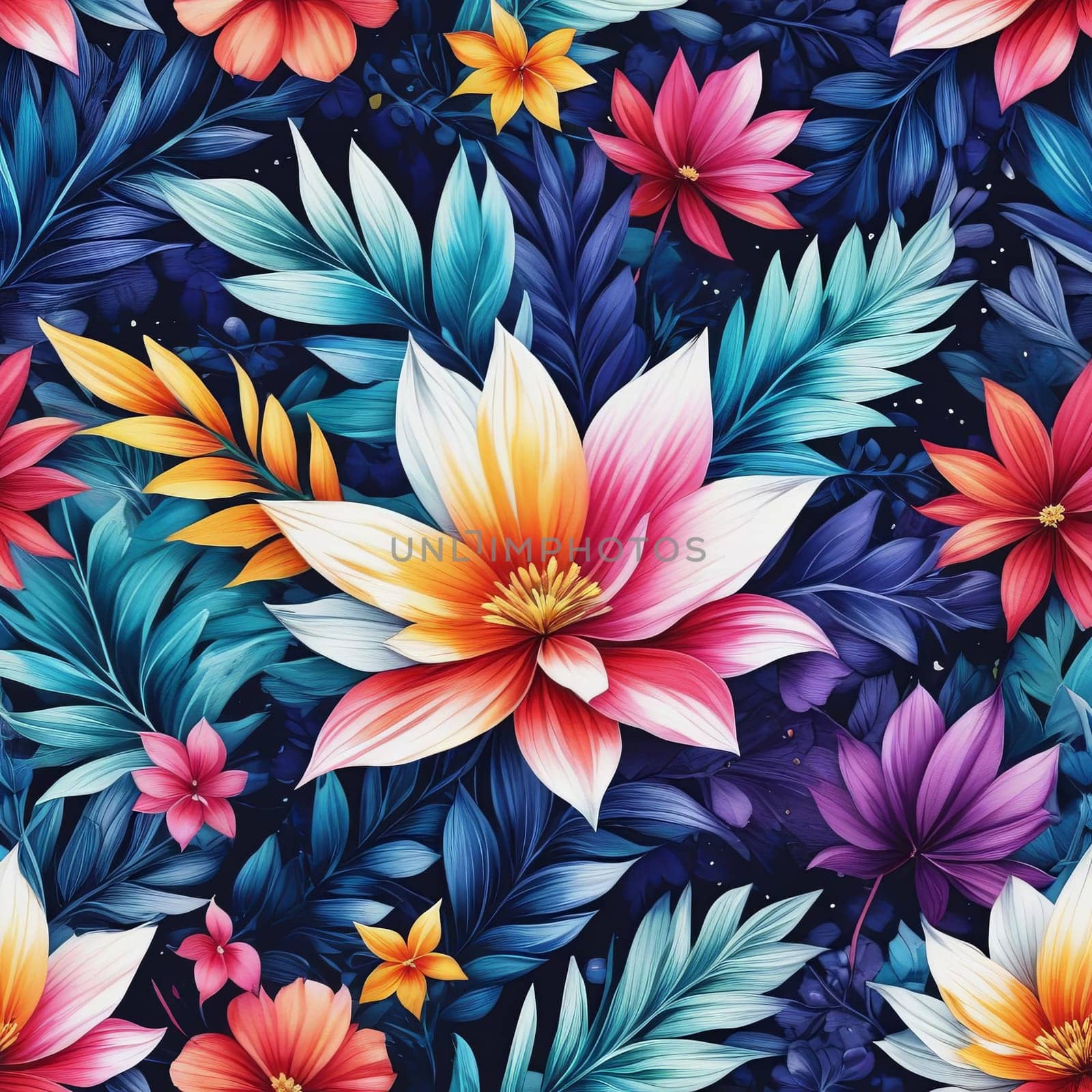 Image features striking contrast between vivid colors of flowers, dark backdrop, creating visually appealing, dramatic composition. For interior design, textiles, clothing, gift wrapping, web design