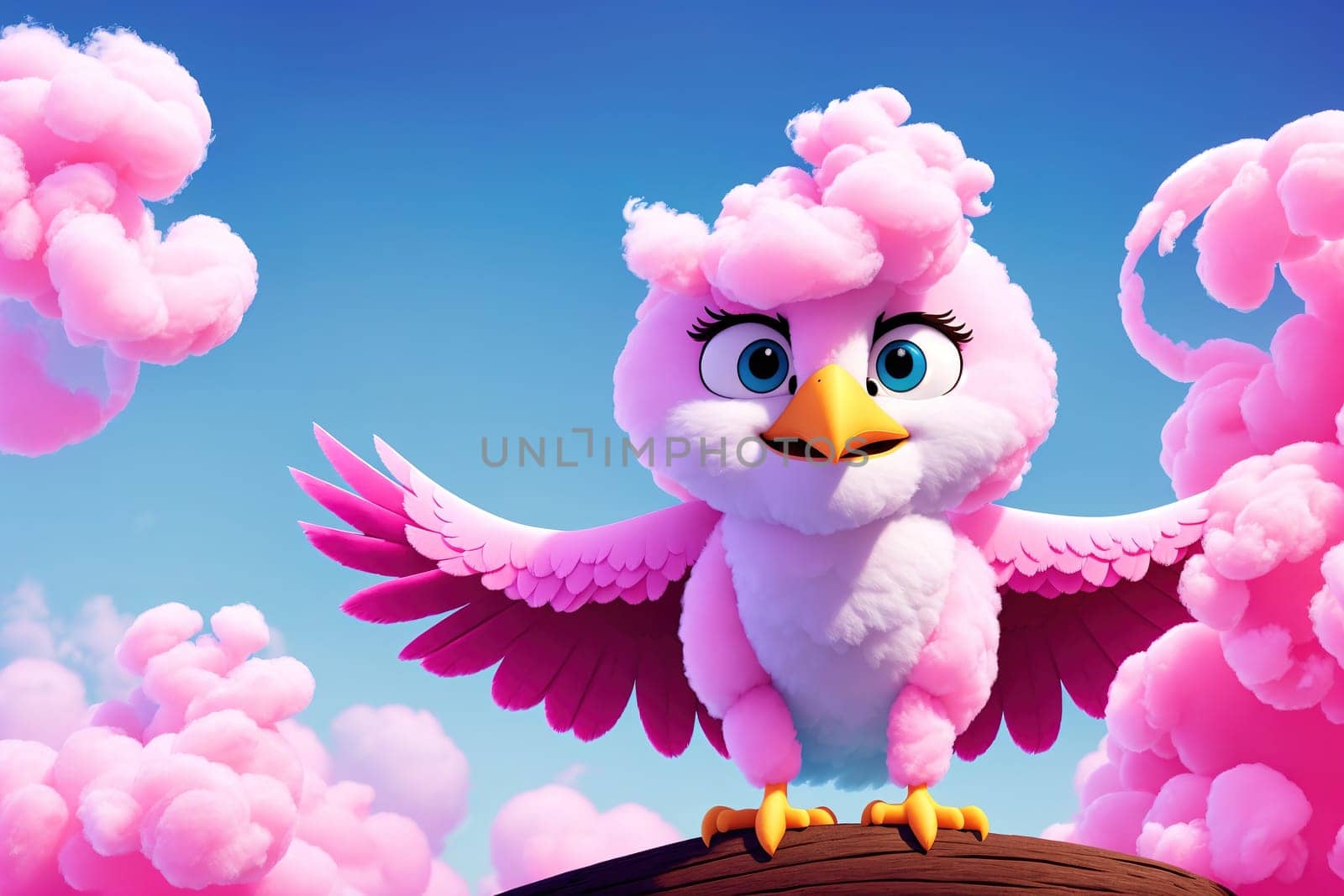 The image shows a pink and white bird standing on a cloud with its wings spread out, looking up at the sky.