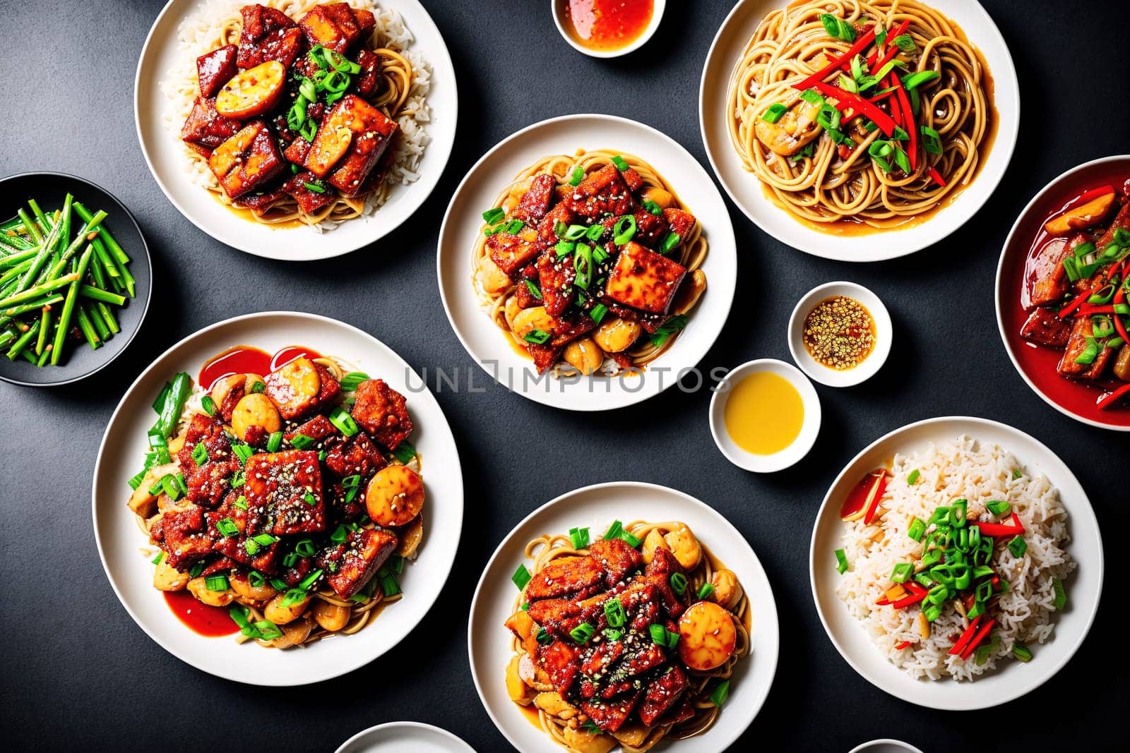 The image shows a variety of dishes on a table, including stir fried vegetables, noodles, and meat dishes.