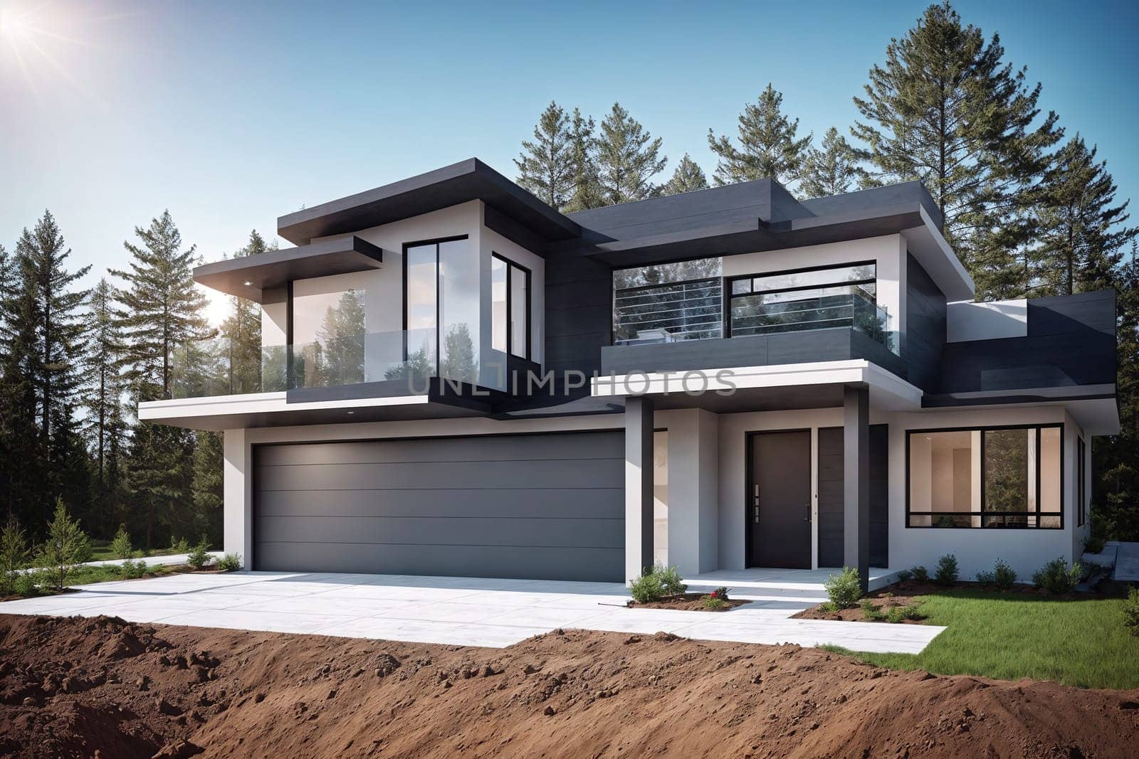 The image shows a modern, two-story house with a large garage and a spacious backyard.
