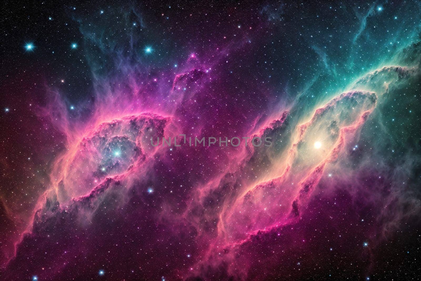 The image is a pink nebula with bright stars in the background.