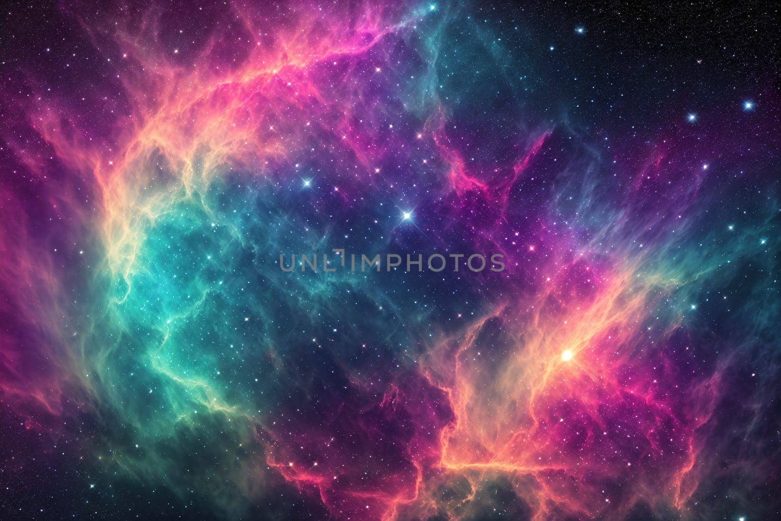 The image is a colorful nebula with pink, purple, and blue hues.