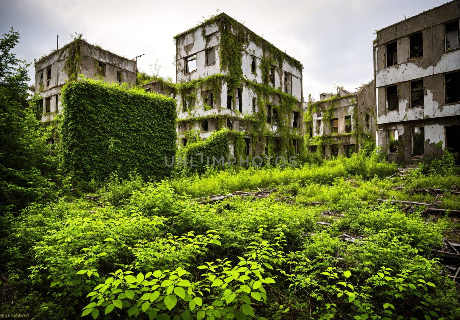 An abandoned building with overgrown vegetation in the foreground. by creart