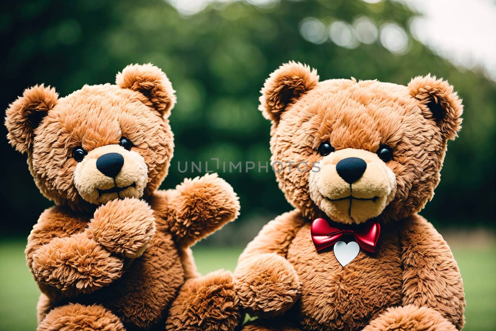 The image shows two brown teddy bears sitting next to each other, one wearing a red bow tie and the other wearing a blue one.