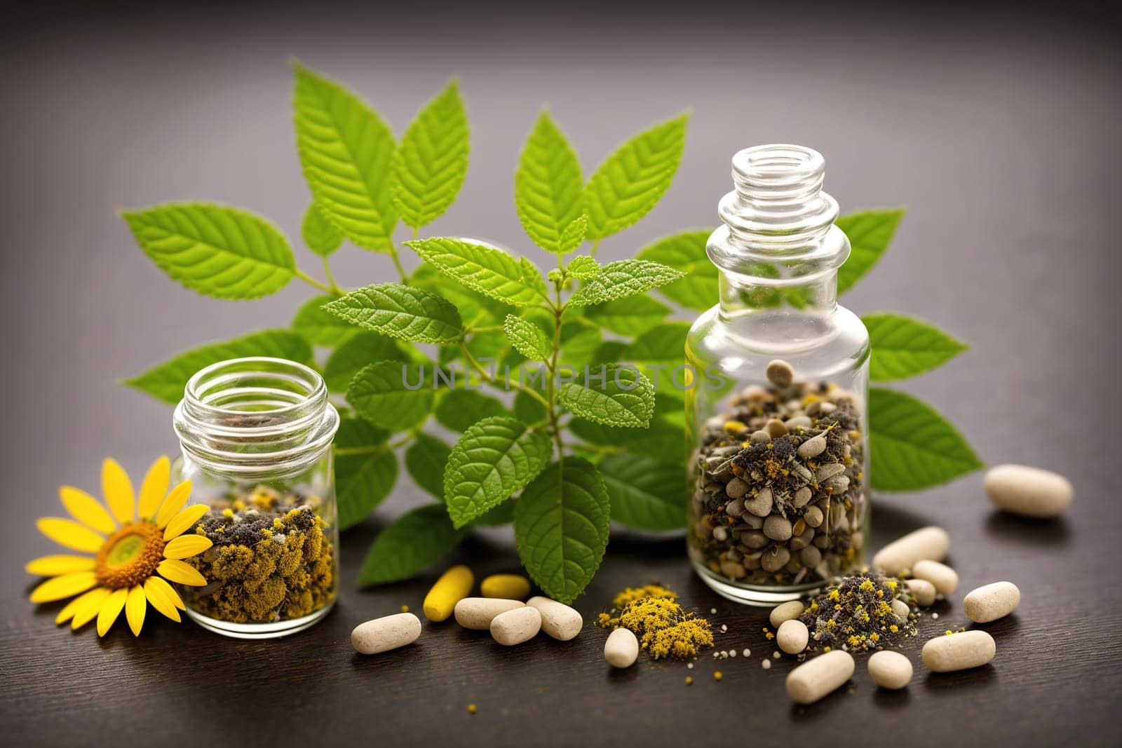 The image shows a glass vial filled with yellow flowers and green leaves on a dark background.