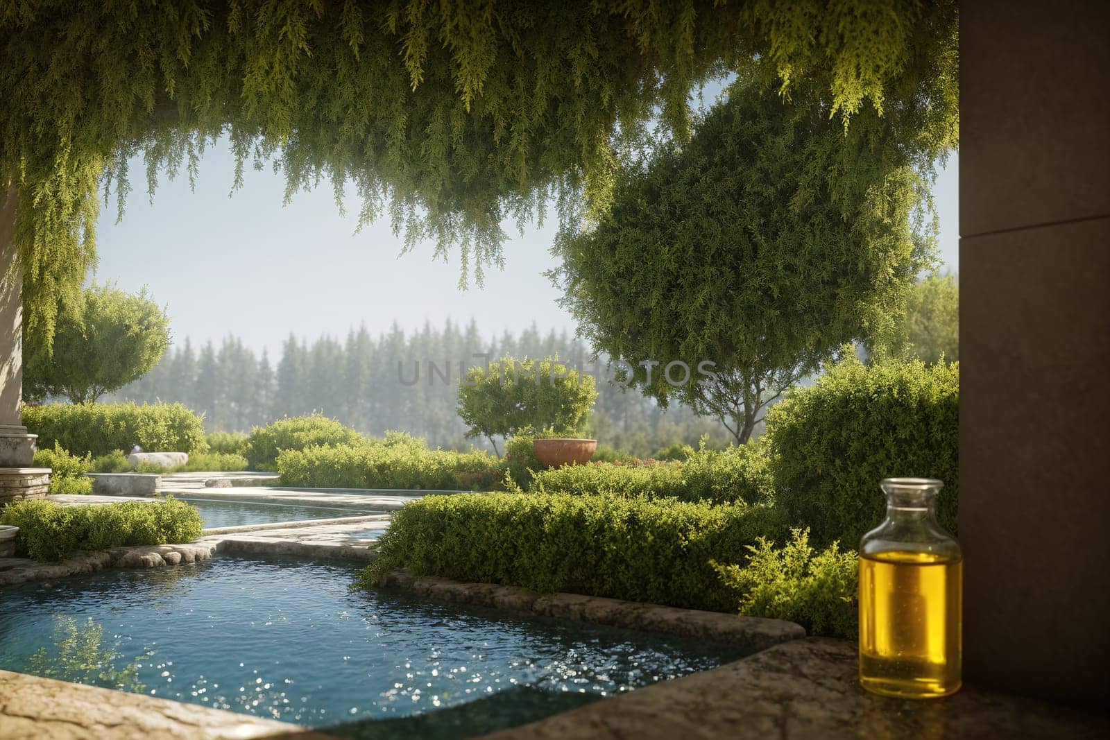 The image depicts a serene and tranquil garden with a small pond in the center, surrounded by lush greenery and a few trees, with a bottle of oil sitting on a nearby table.