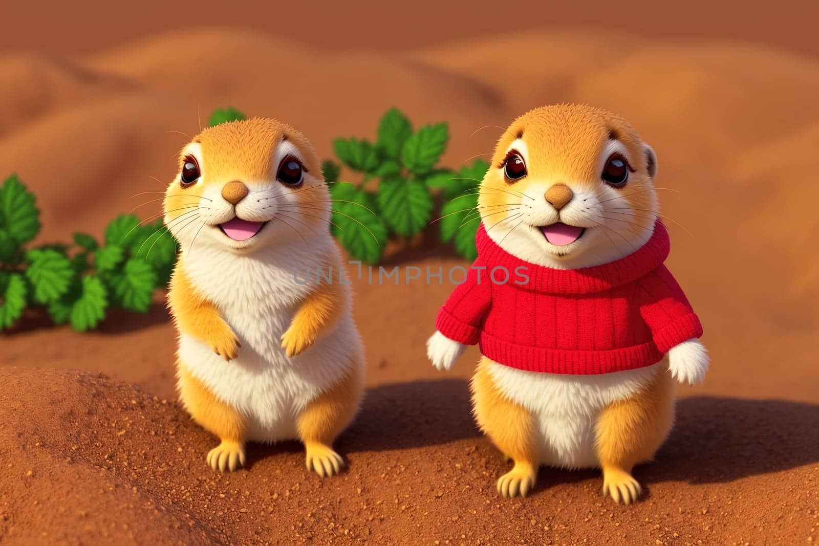 The image shows two cartoon rabbits standing next to each other, one wearing a red sweater and the other wearing a blue sweater.