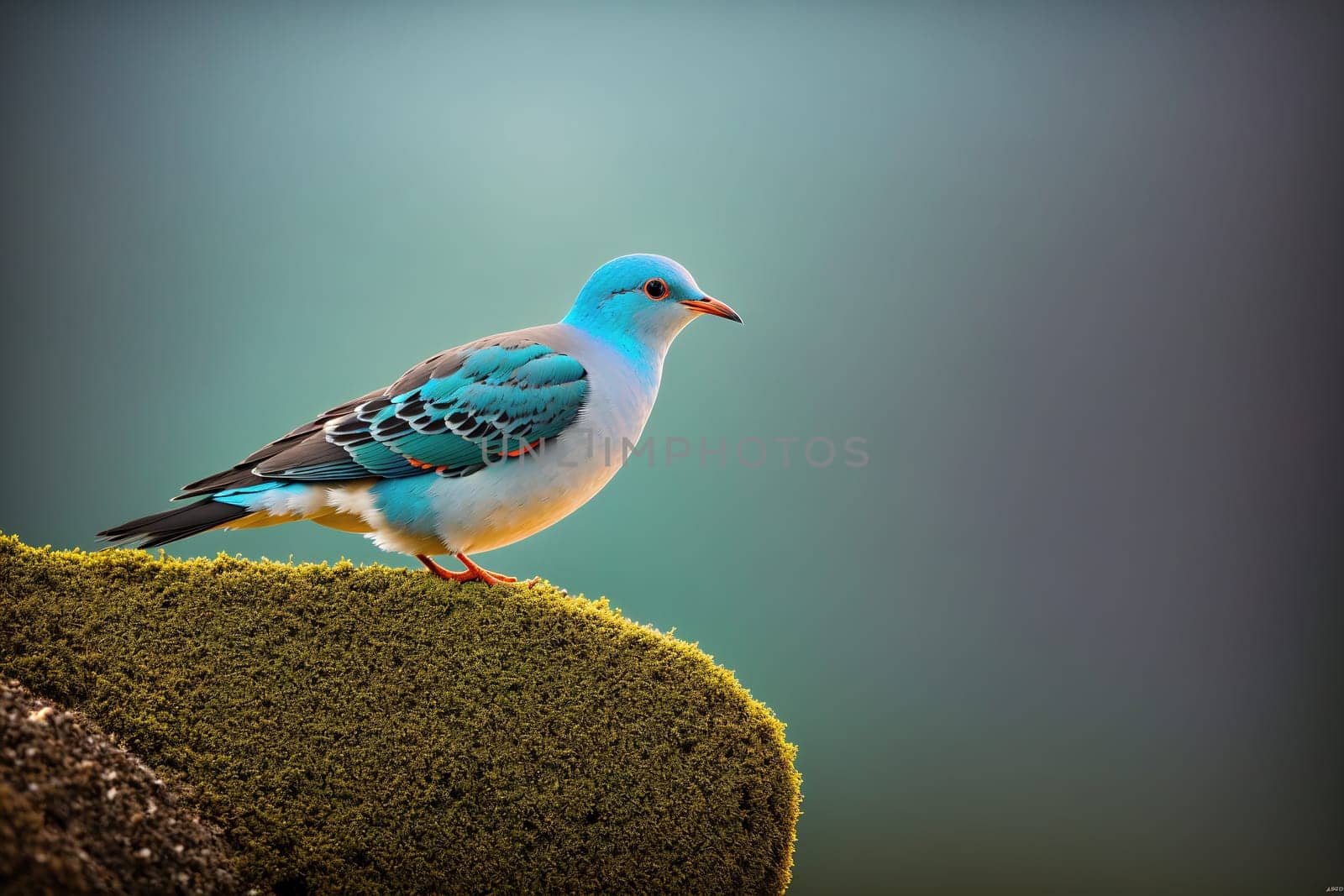 The image is of a blue and white bird perched on a rock in the middle of a green field.