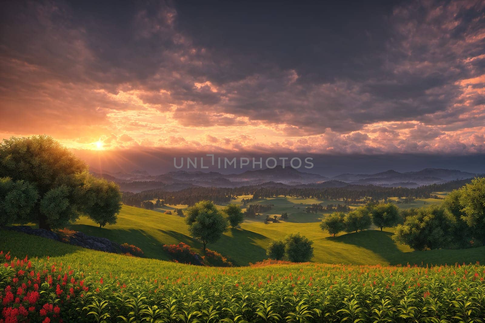 The image shows a beautiful landscape with rolling hills, green fields, and a sunset in the background.