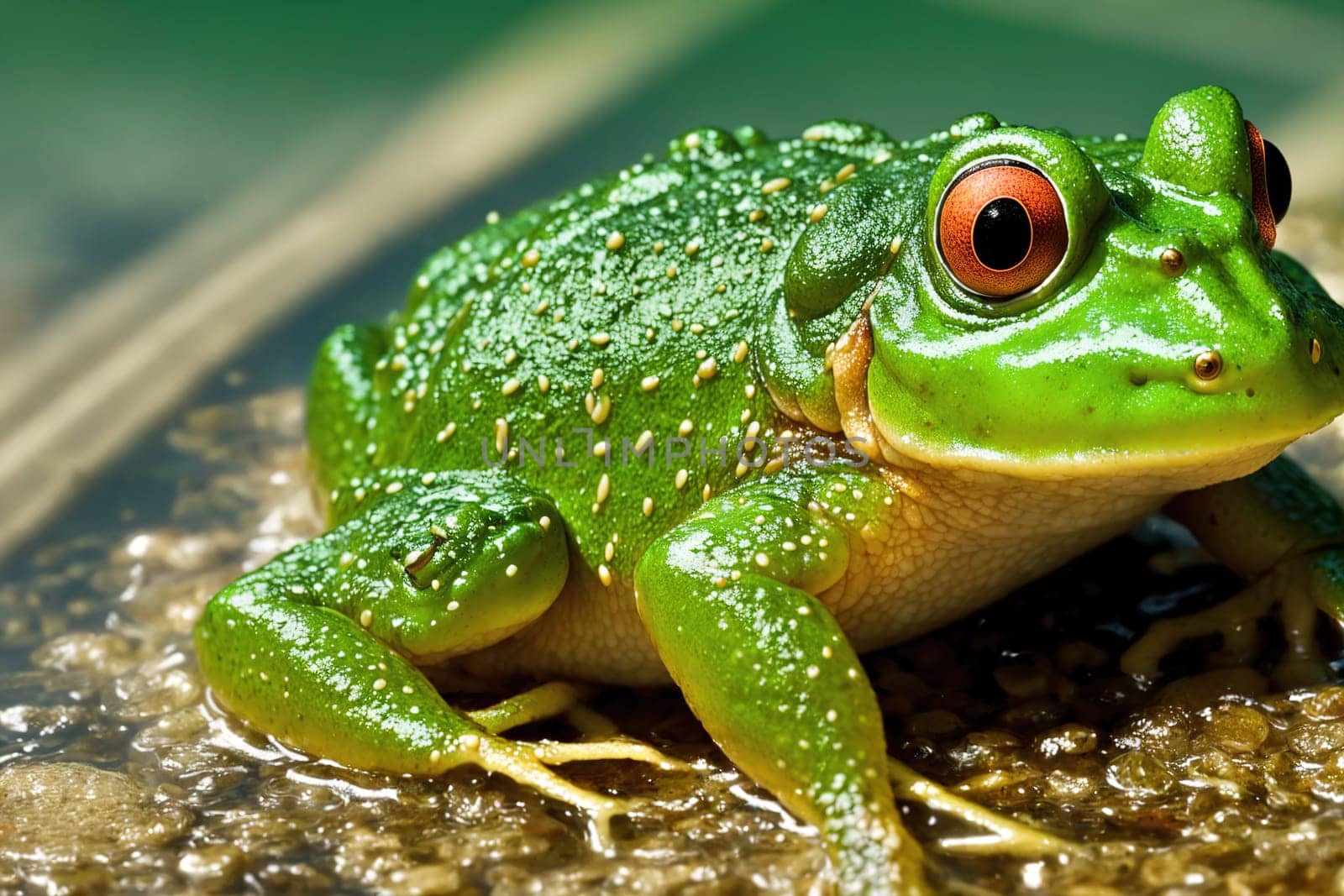 The image shows a green frog sitting on top of a pile of dirt, looking up at the camera with its big, round eyes.