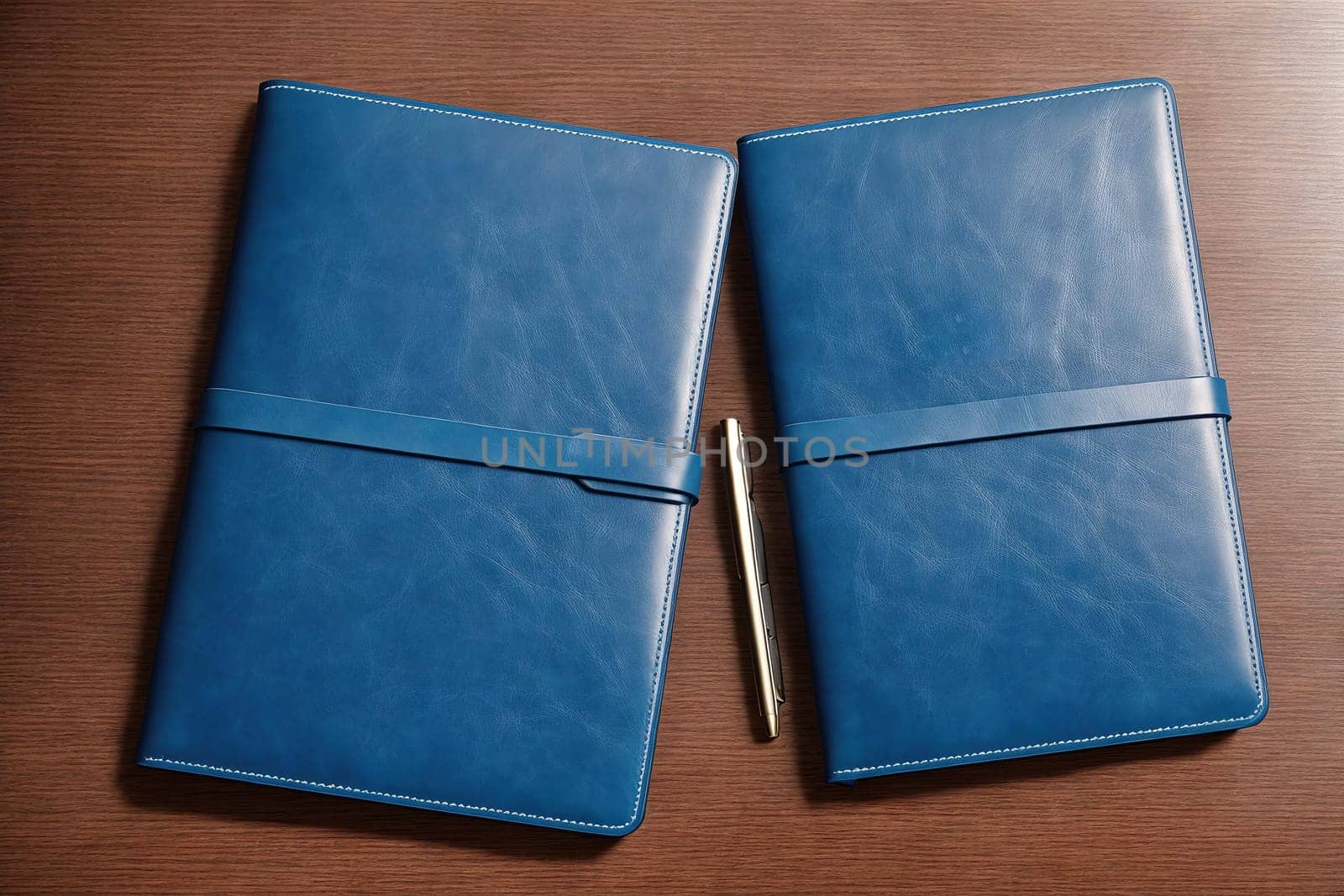 The image is a blue notebook with a pen and paper on a wooden surface.