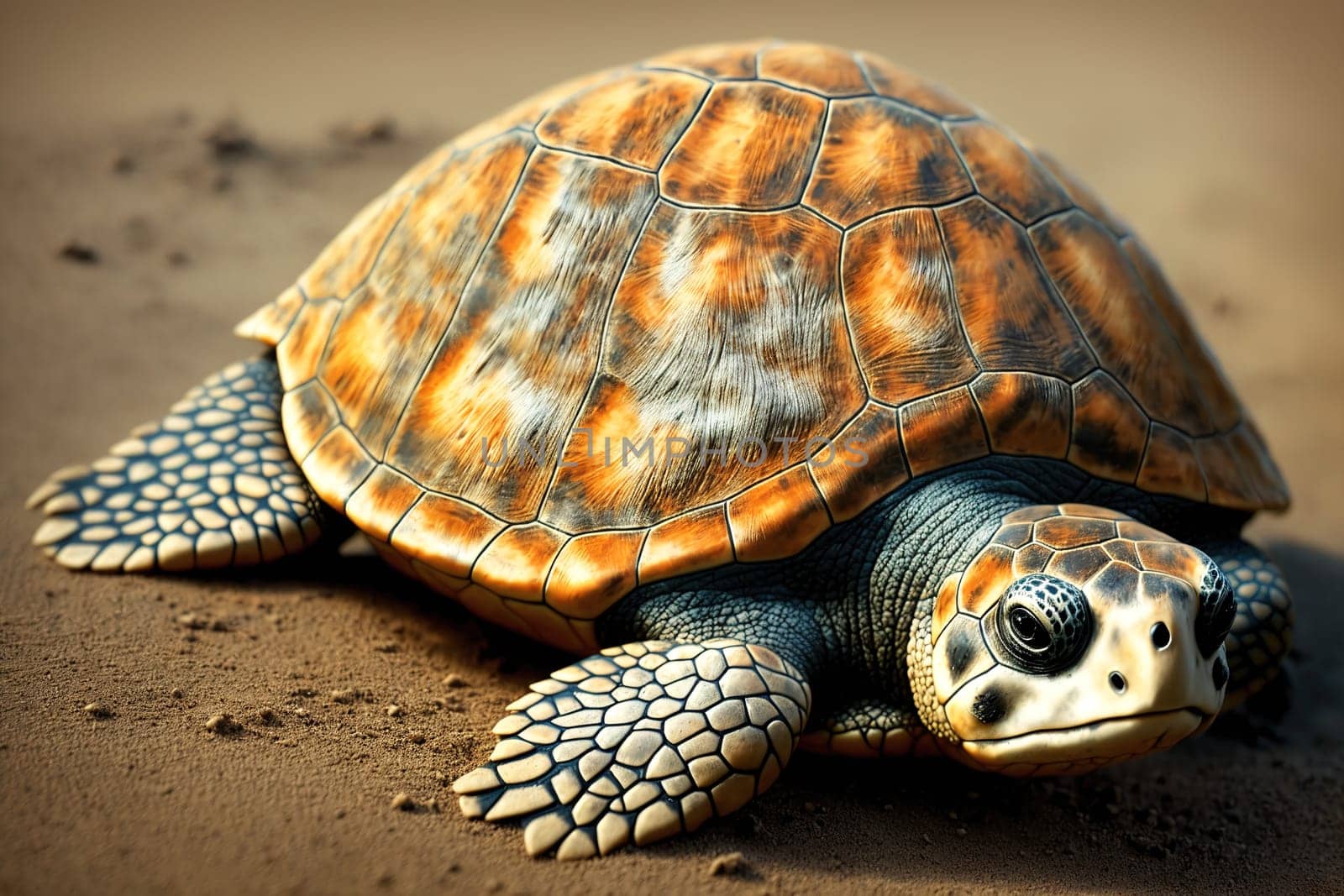 The image shows a small turtle lying on the ground, looking up at the camera with its big, brown eyes.