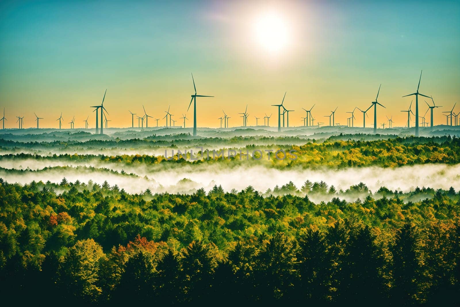 The image shows a scenic view of a forest with windmills in the background, surrounded by trees and fog.