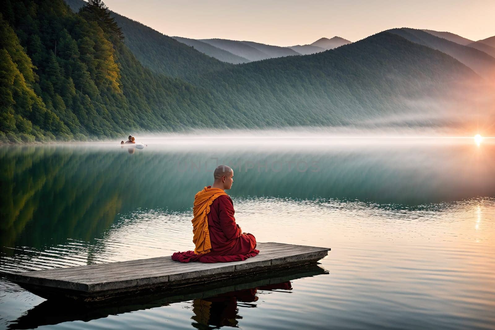 The image shows a person sitting on a boat in the middle of a lake, surrounded by mountains and misty fog.
