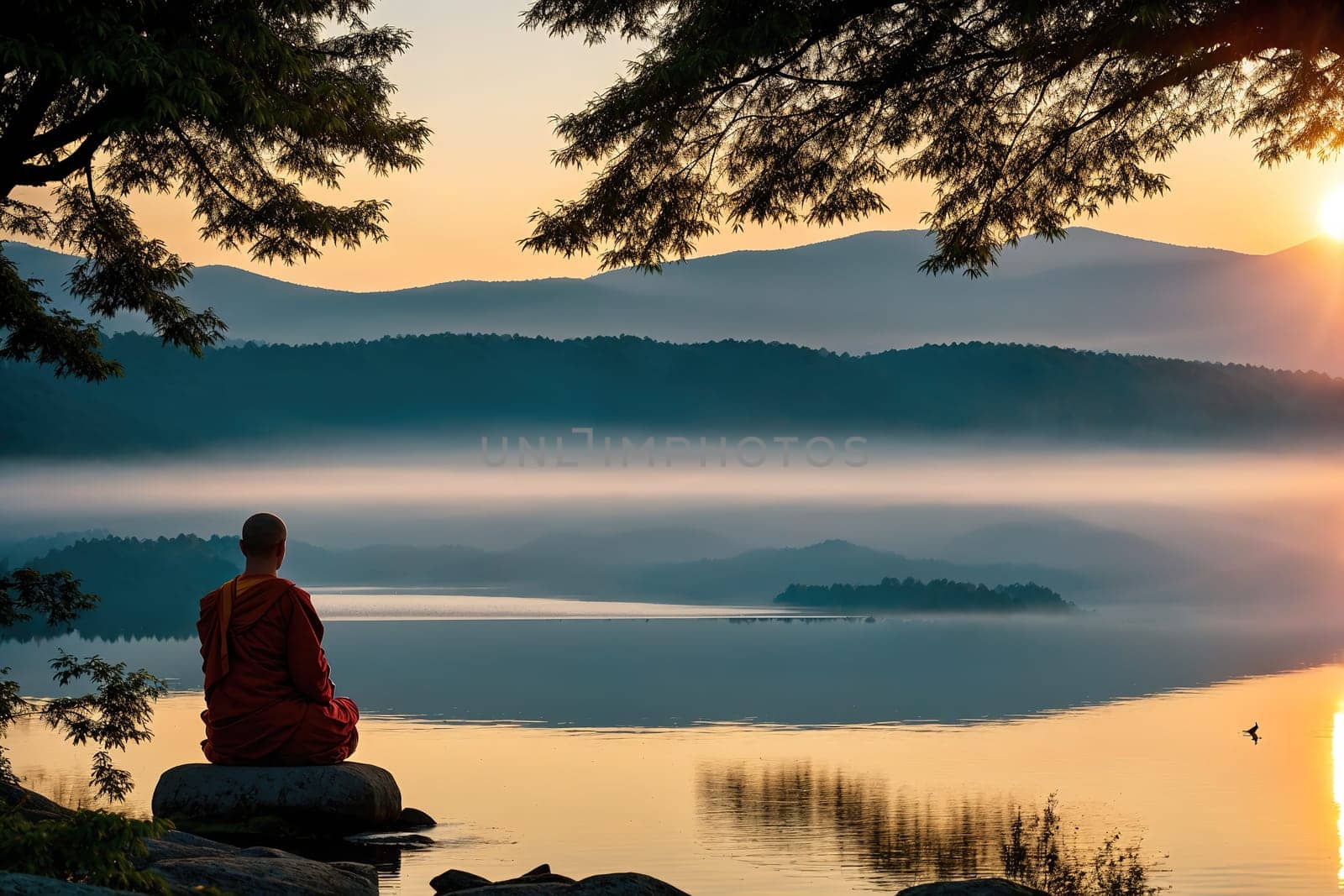 The image shows a person meditating on a rock in the middle of a lake, surrounded by trees and mountains in the background.