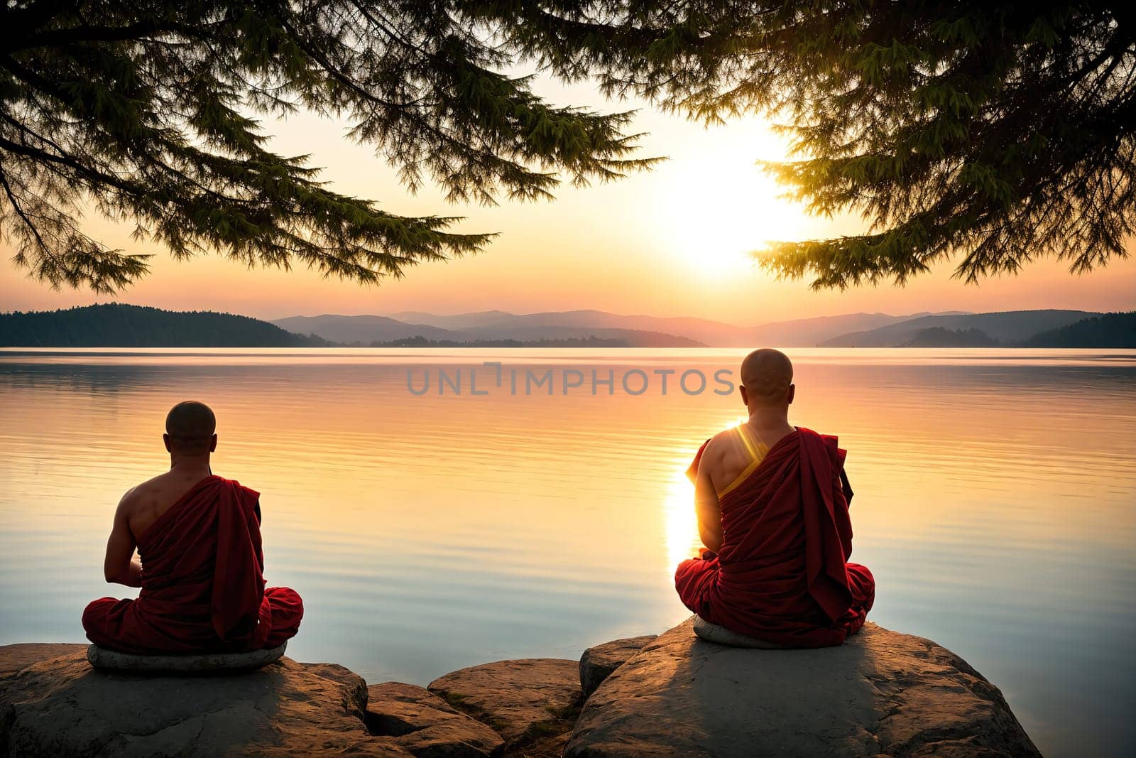 The image shows two monks sitting on rocks by a lake at sunset, with the sun setting behind them and the mountains in the background.
