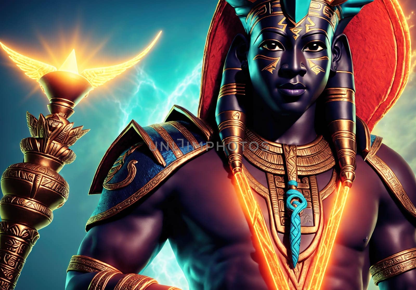 The image depicts a mythical Egyptian god with a crown on his head, holding a staff in one hand and an ankh in the other.