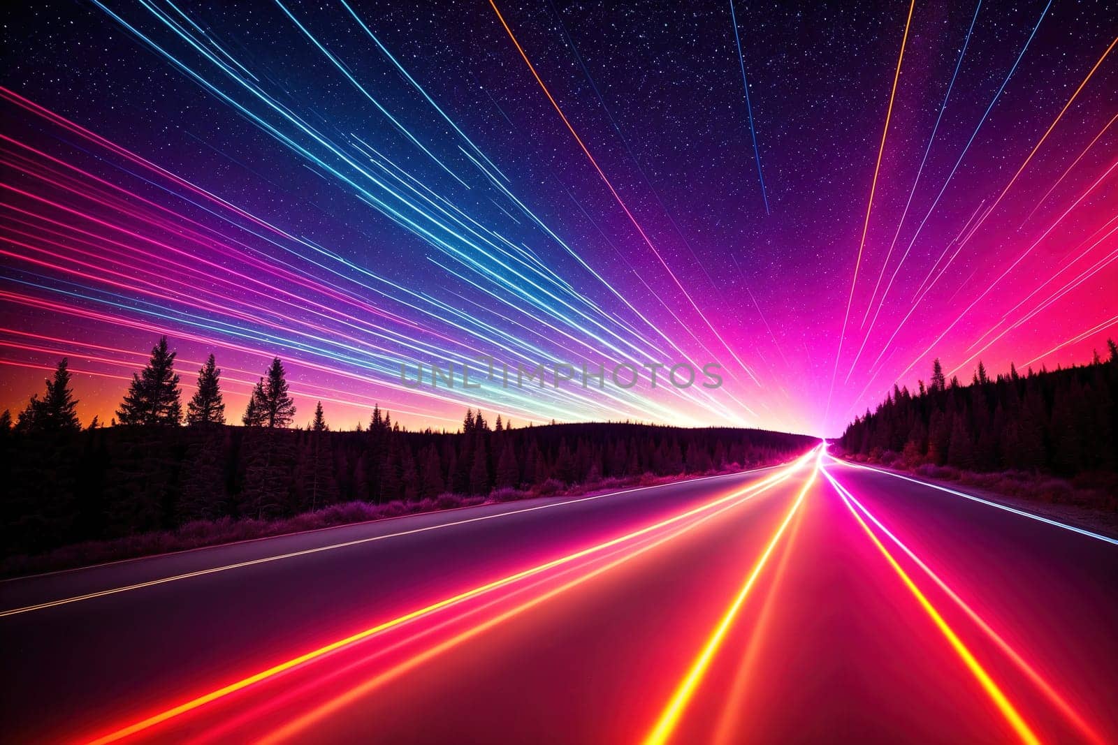 The image is a photograph of a road at sunrise, with bright, colorful light trails in the sky.