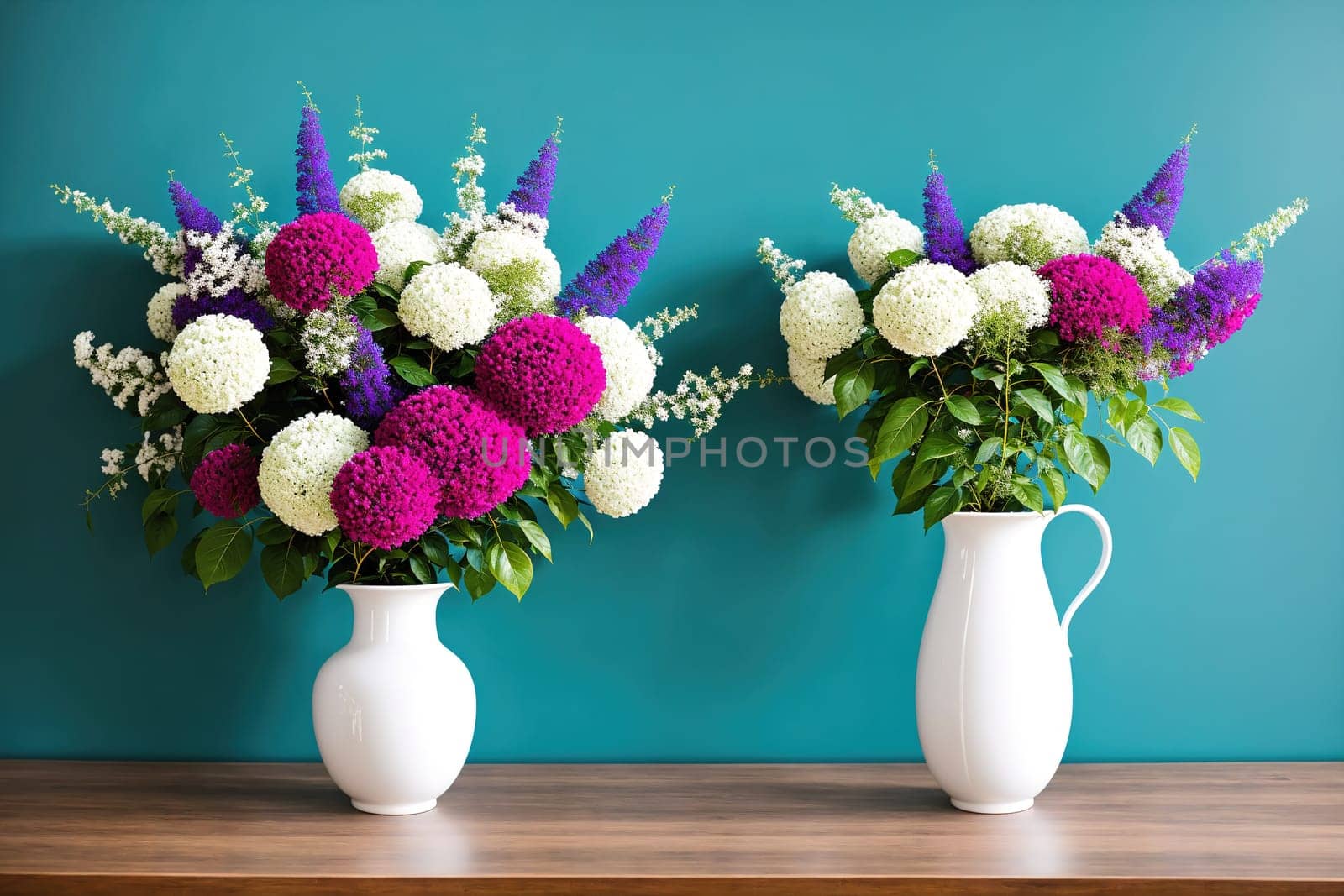 The image shows two vases filled with pink and white flowers on a table.